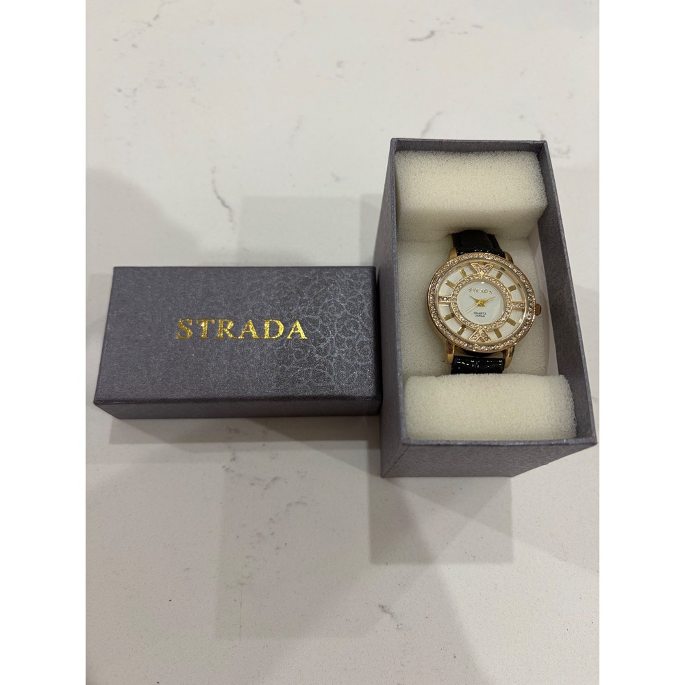 Strada Womens Gold Tone Crystal Accent Quartz Watch Black Leather Strap Boxed - Picture 1 of 4
